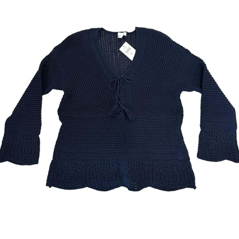 J.Jill Navy Blue Crochet Sweater 100% Cotton V Neck Tassel XSP Petite Boho Nwt